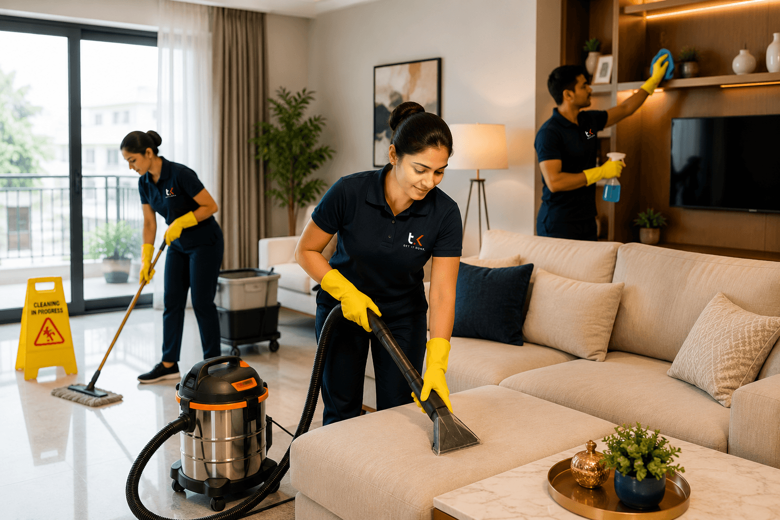 Professional deep cleaning team in an Indian home